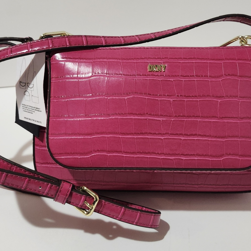 DKNY Lexi Double Crossbody Bag Women's One Size Pink Top Zip Closure Logo Plaque - Picture 3 of 9